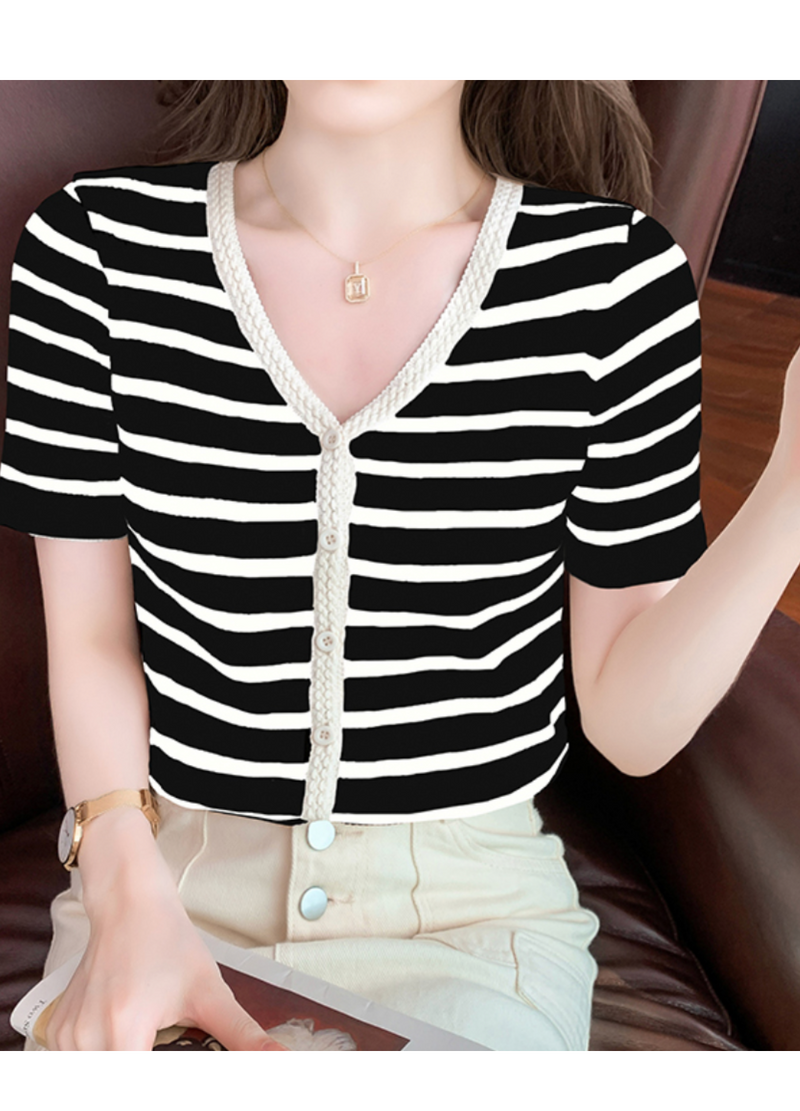 V-NECK STRIPPED CARDIGAN ( 2 COLORS )