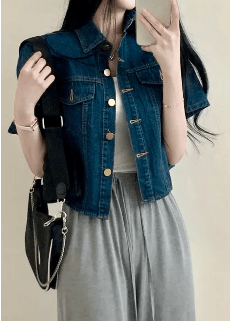 CROP SHORTSLEEVE DENIM SHIRTS ( 2 COLORS )