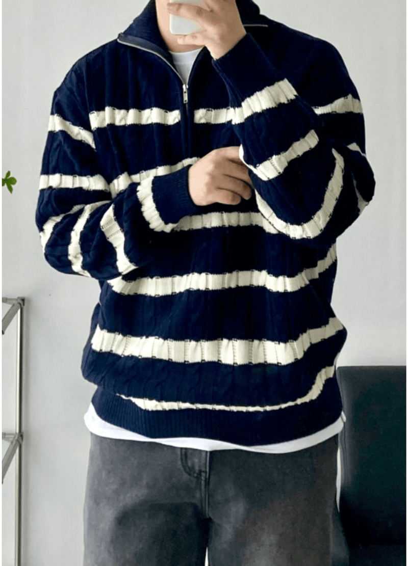 HALF ZIP-UP STRIPE KNIT ( 2 COLORS )