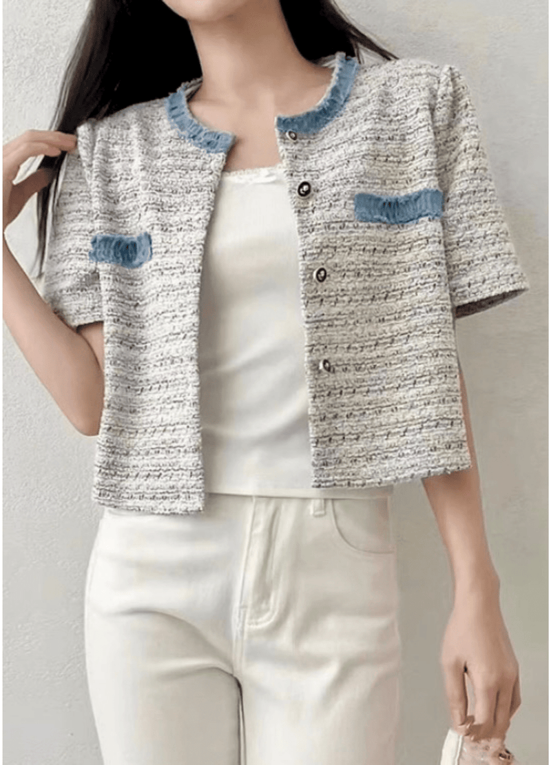 DENIM COLORATION CROP TWEED JACKET ( 2 COLORS )