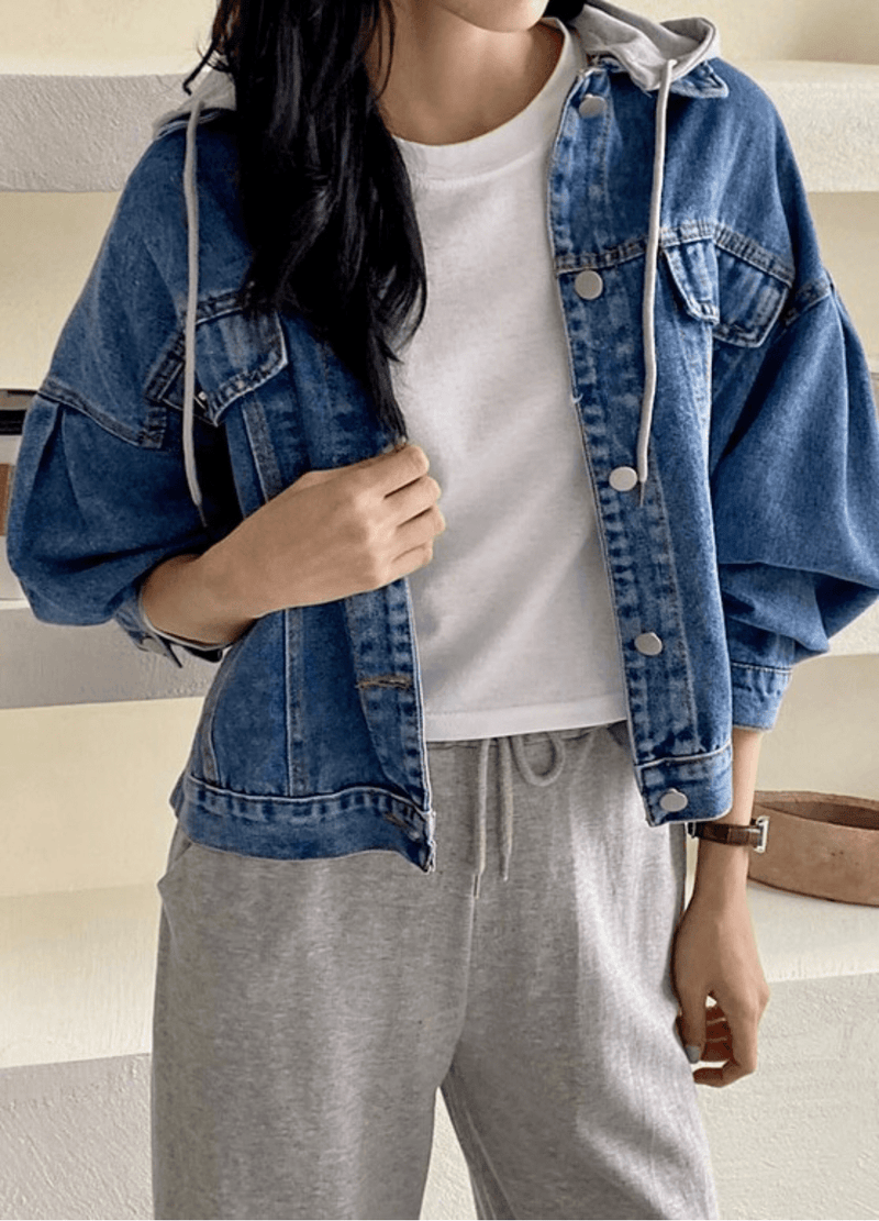 PUFF SLEEVE DENIM JACKET W/HOODIE