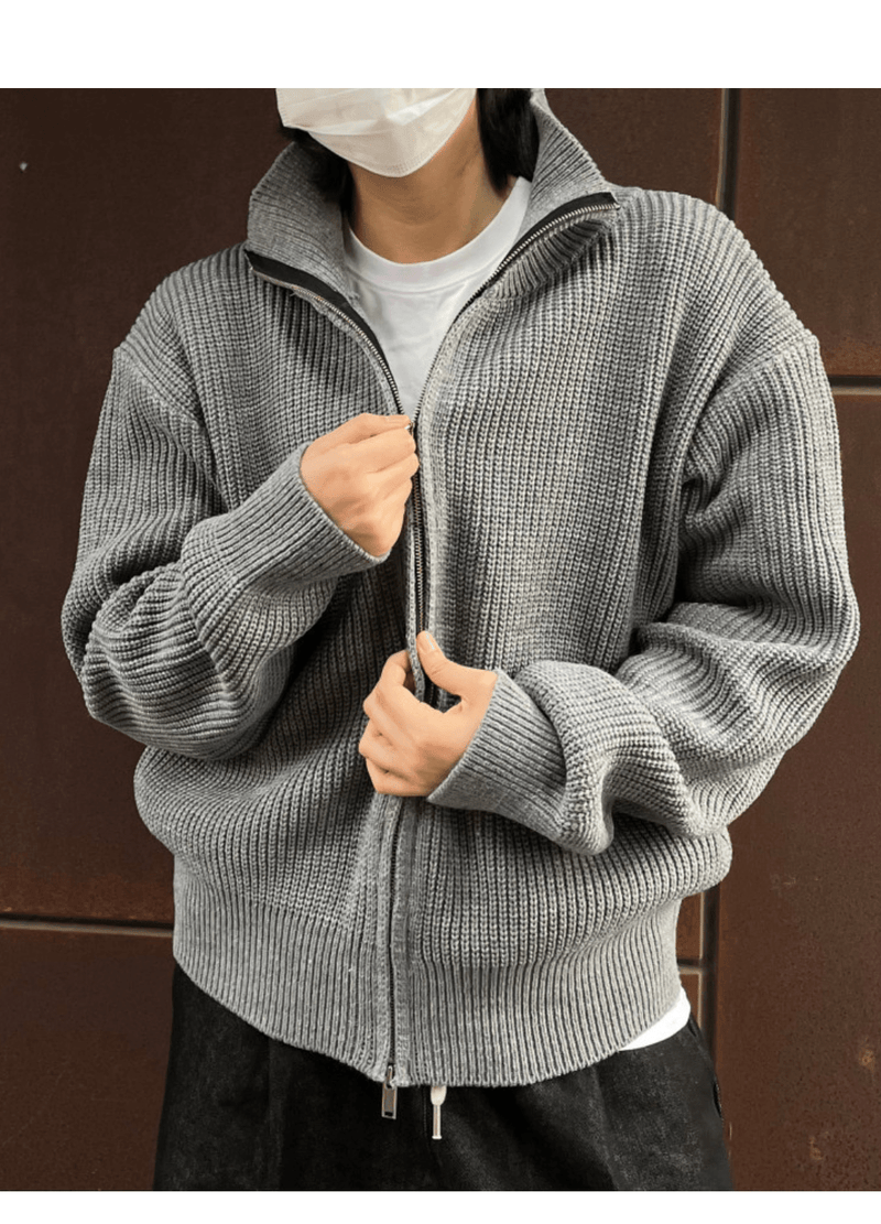 HIGH-NECK HEAVY KNIT ZIP-UP ( 2 COLORS )