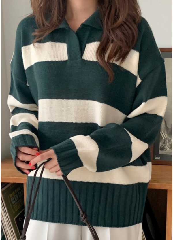 OPEN COLLAR STRIPED KNIT ( 3 COLORS )