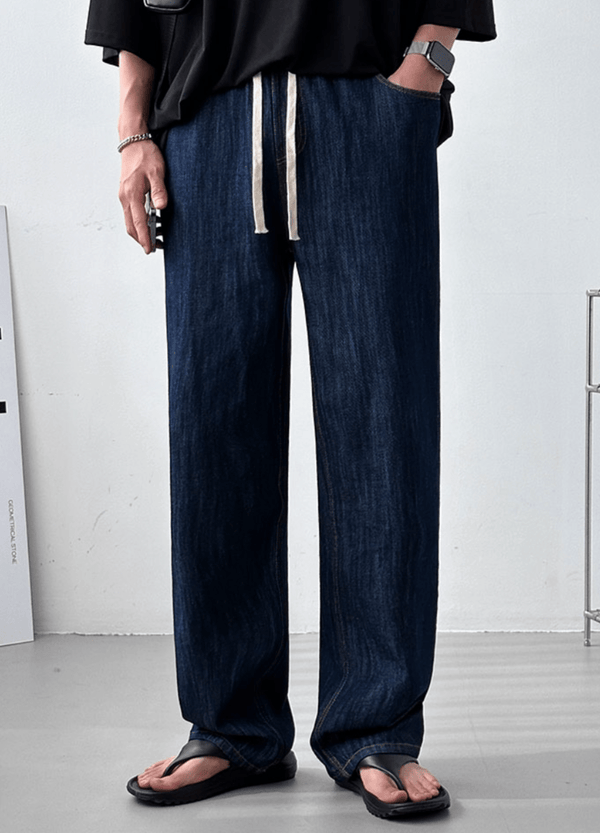 LINEN DENIM BANDING WIDE-FIT PANTS