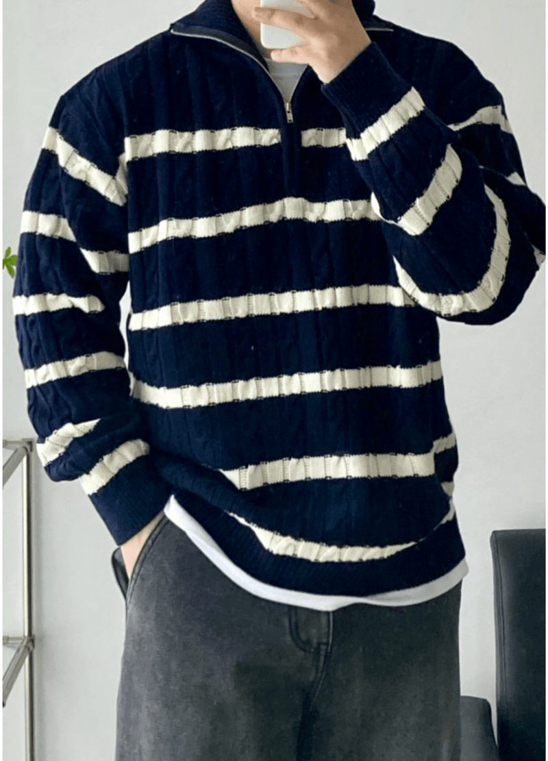 HALF ZIP-UP STRIPE KNIT ( 2 COLORS )