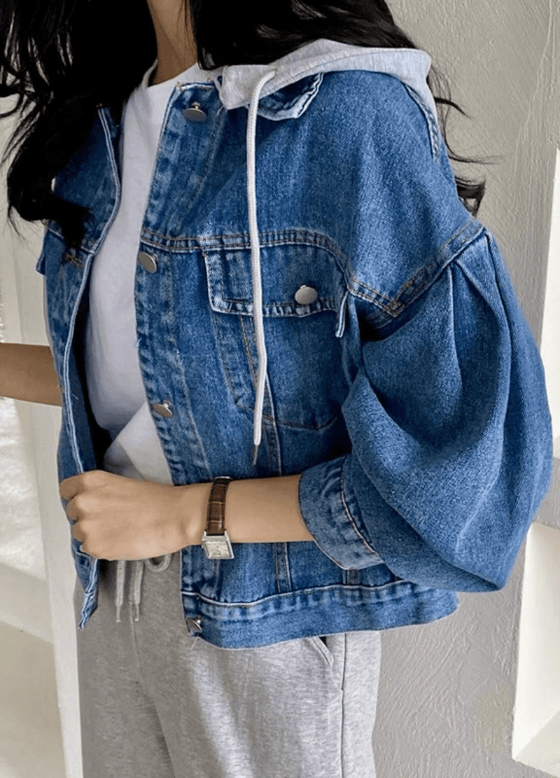 PUFF SLEEVE DENIM JACKET W/HOODIE