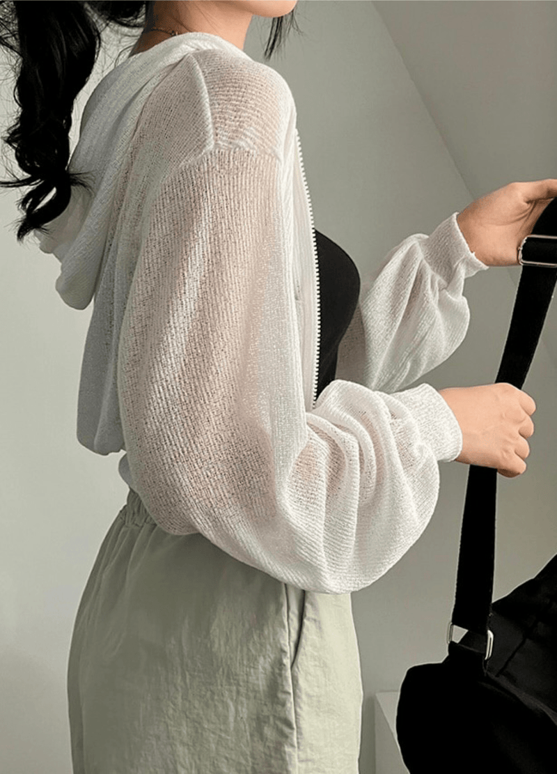 LINEN SEE-THROUGH ZIP-UP HOODIE ( 2 COLORS )