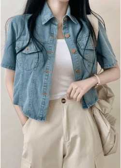 CROP SHORTSLEEVE DENIM SHIRTS ( 2 COLORS )