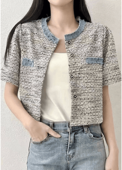 DENIM COLORATION CROP TWEED JACKET ( 2 COLORS )