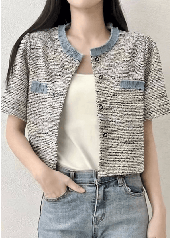 DENIM COLORATION CROP TWEED JACKET ( 2 COLORS )