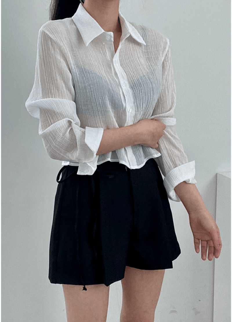 SEE-THROUGH BACK BUTTON SHIRT ( 3 COLORS )