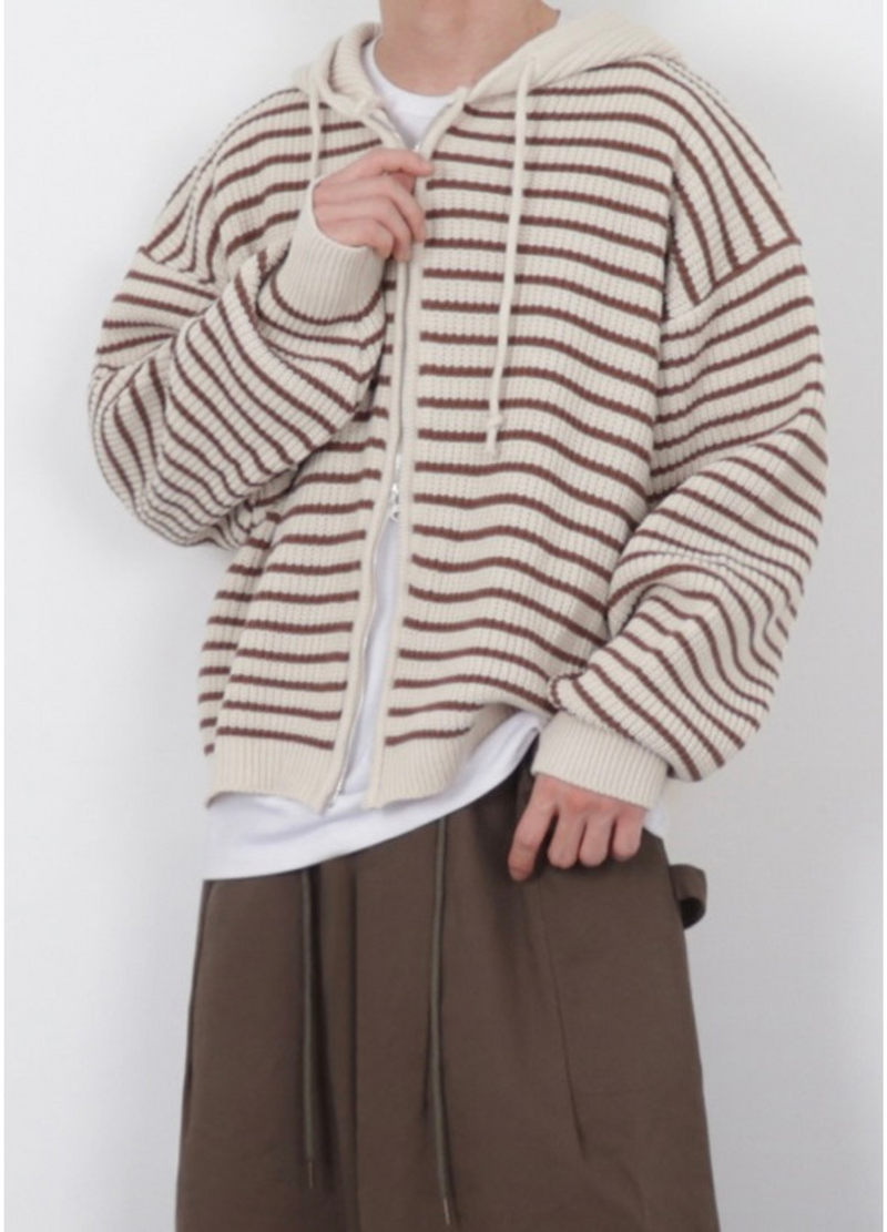 2WAY ZIP-UP STRIPE KNIT HOODIE