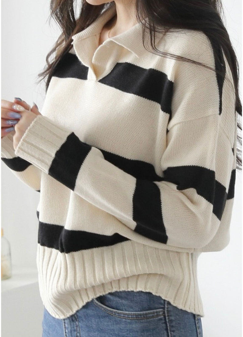 OPEN COLLAR STRIPED KNIT ( 3 COLORS )