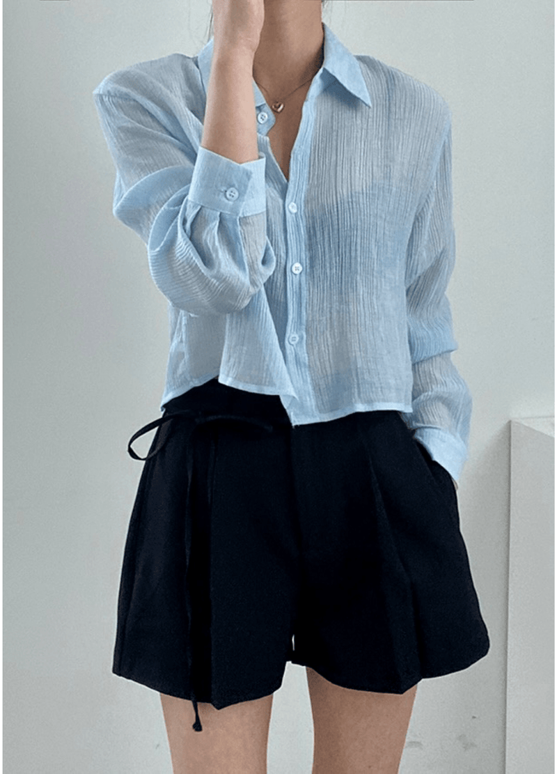 SEE-THROUGH BACK BUTTON SHIRT ( 3 COLORS )