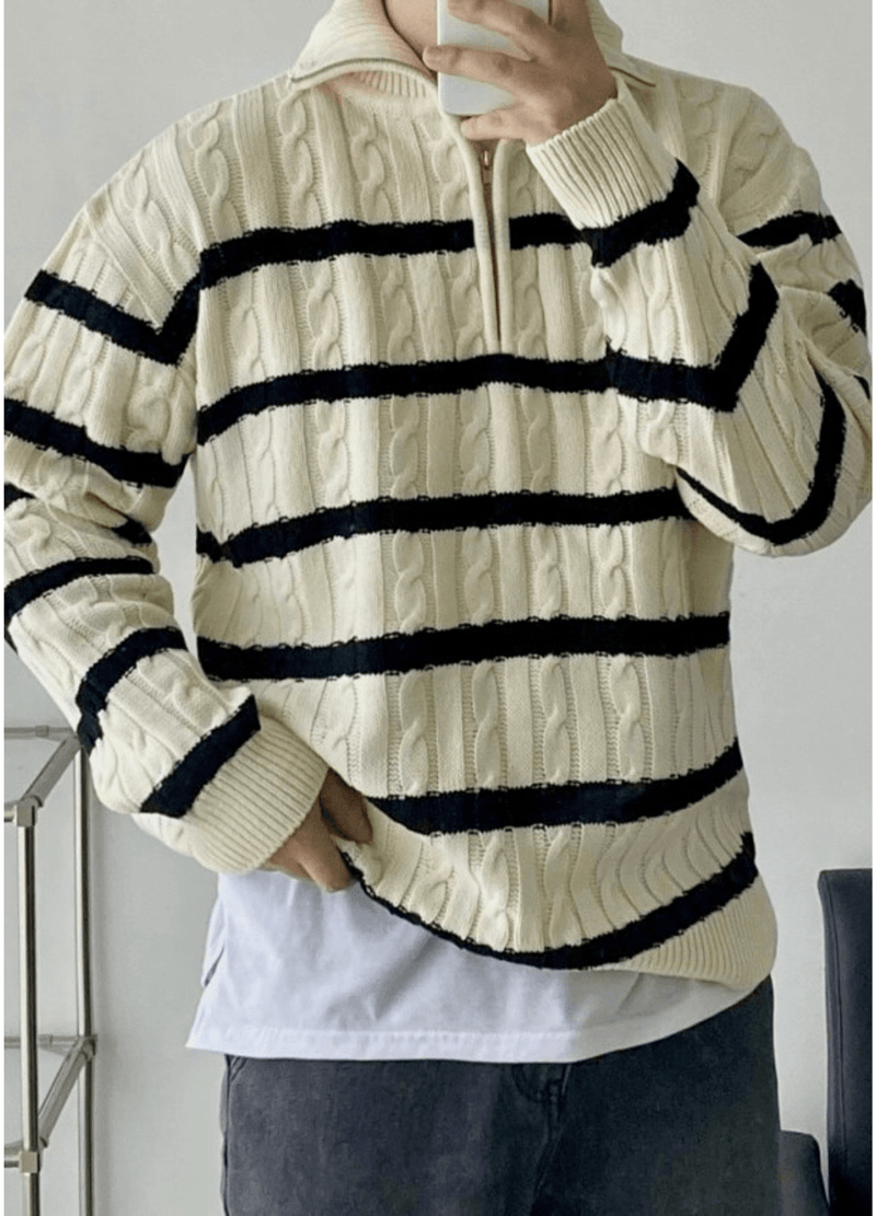 HALF ZIP-UP STRIPE KNIT ( 2 COLORS )