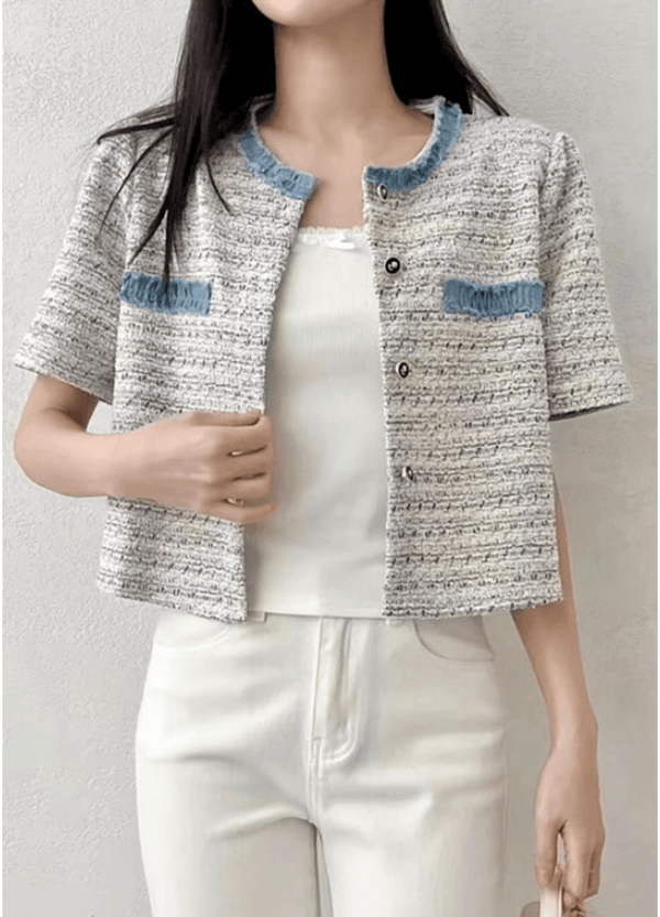 DENIM COLORATION CROP TWEED JACKET ( 2 COLORS )