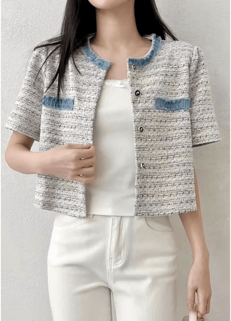 DENIM COLORATION CROP TWEED JACKET ( 2 COLORS )