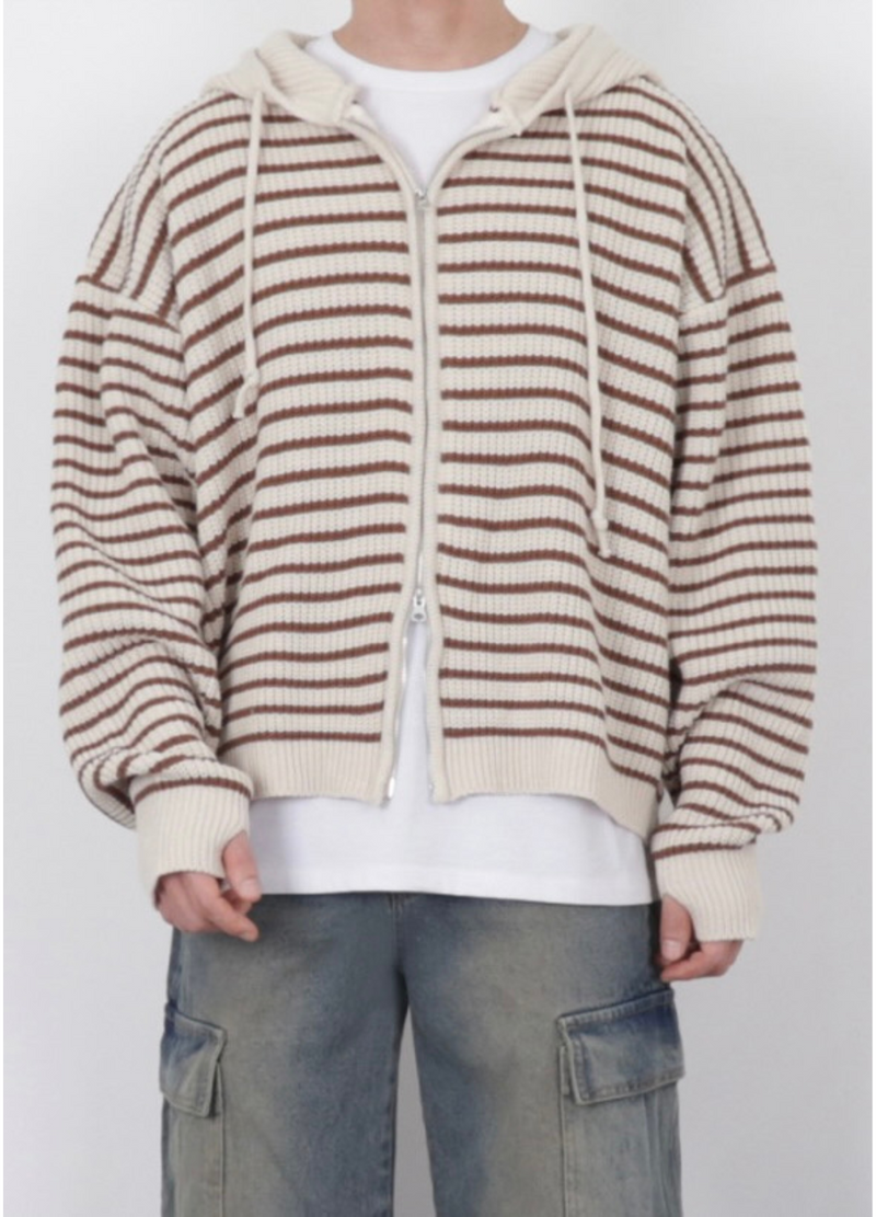 2WAY ZIP-UP STRIPE KNIT HOODIE