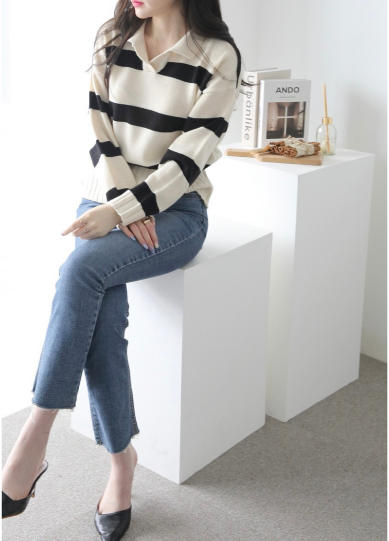 OPEN COLLAR STRIPED KNIT ( 3 COLORS )