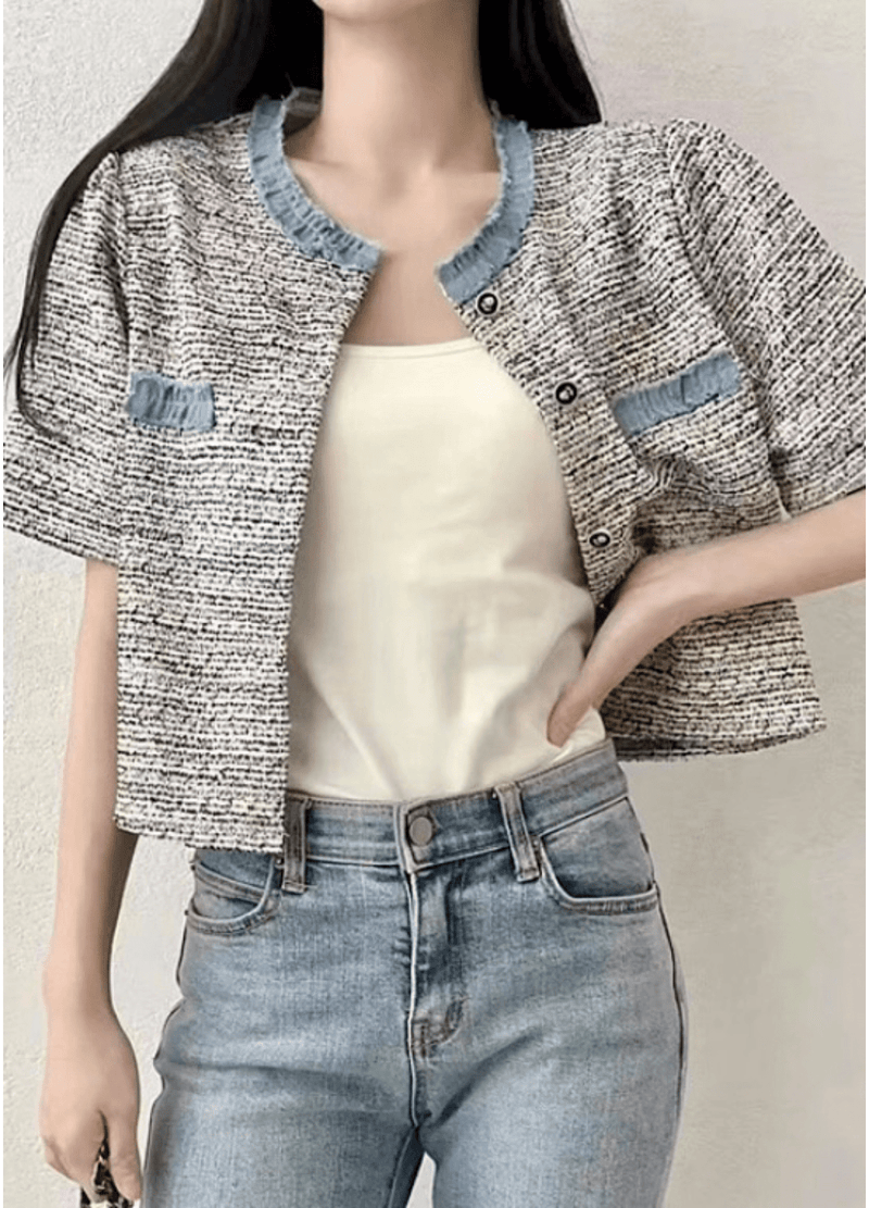 DENIM COLORATION CROP TWEED JACKET ( 2 COLORS )
