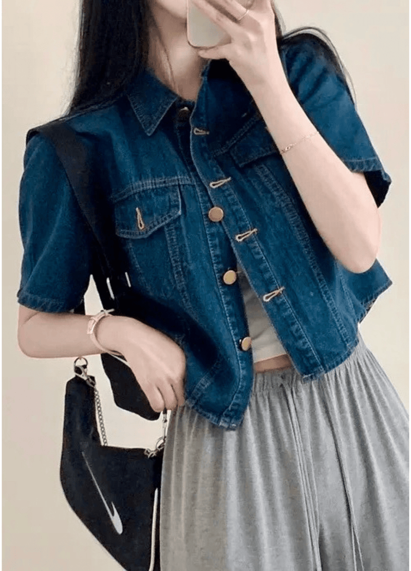 CROP SHORTSLEEVE DENIM SHIRTS ( 2 COLORS )