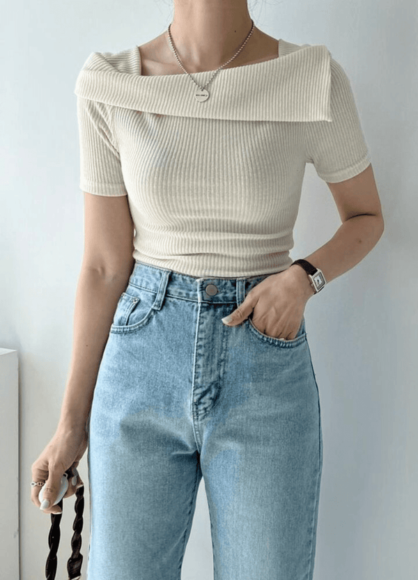 RIBBED OFF-SHOULDER T-SHIRT ( 2 COLORS )