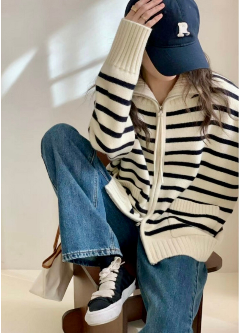 COMFY STRIPE ZIP-UP CARDAIGAN ( 3 COLORS )