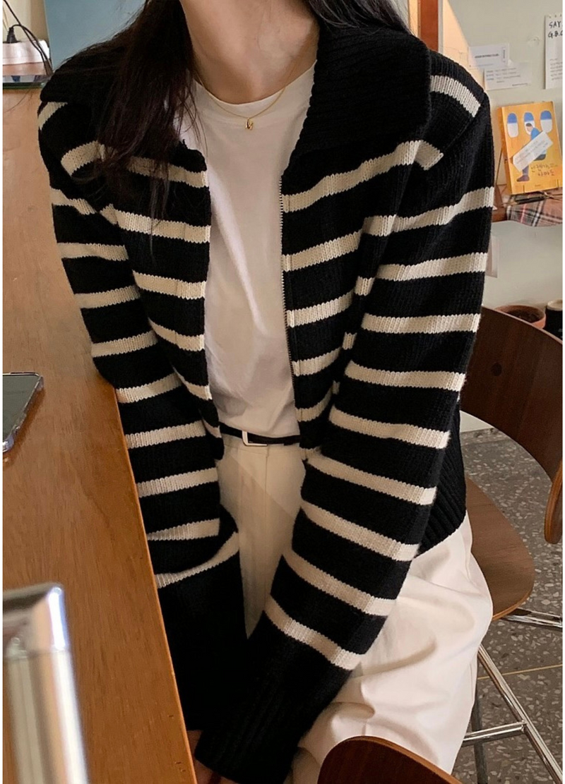 HIDDEN ZIP-UP STRIPE KNIT ( 2 COLORS )