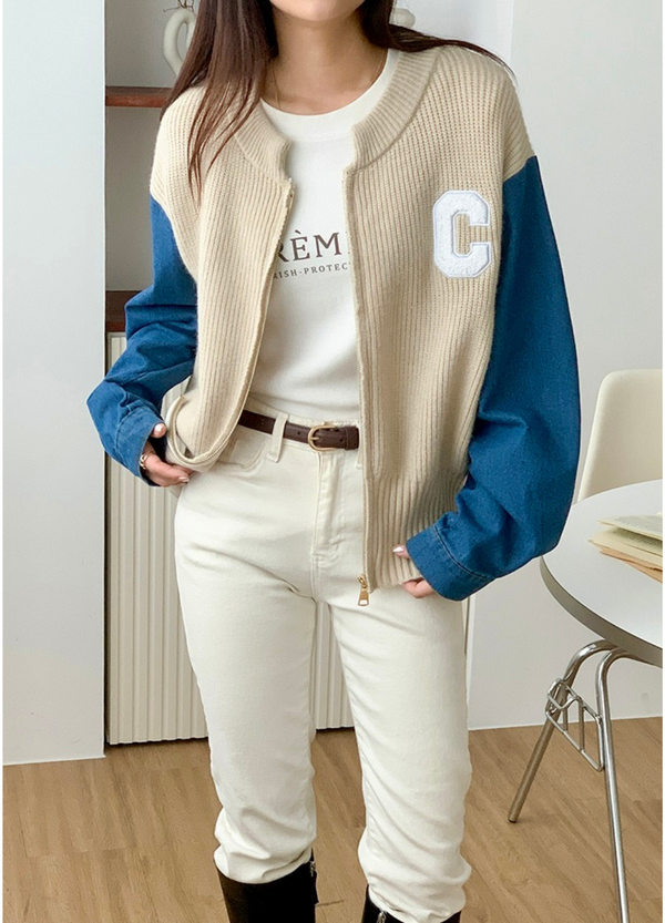 DENIM SLEEVE ZIP-UP KNIT ( 2 COLORS )