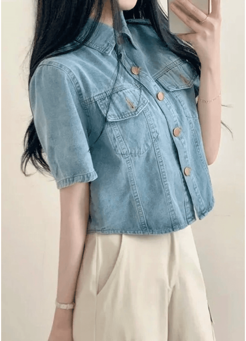 CROP SHORTSLEEVE DENIM SHIRTS ( 2 COLORS )