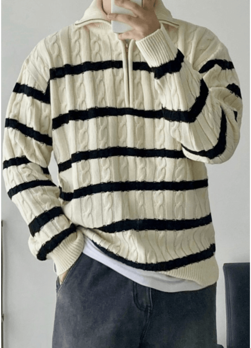 HALF ZIP-UP STRIPE KNIT ( 2 COLORS )