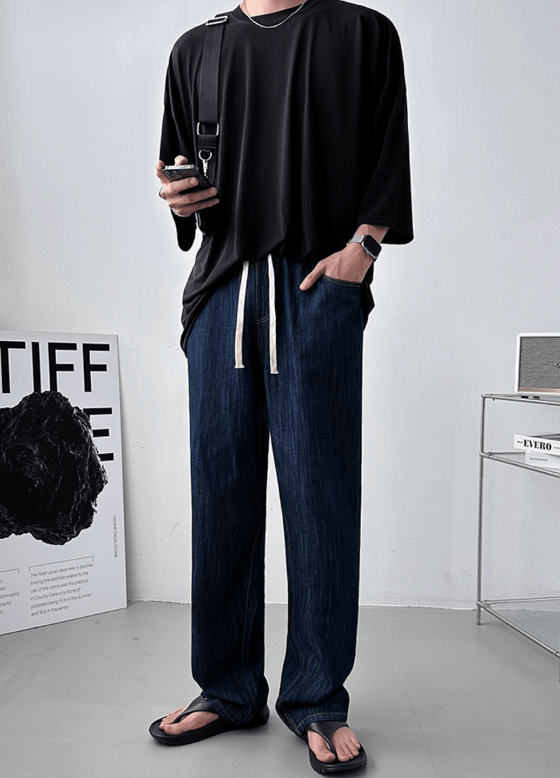 LINEN DENIM BANDING WIDE-FIT PANTS