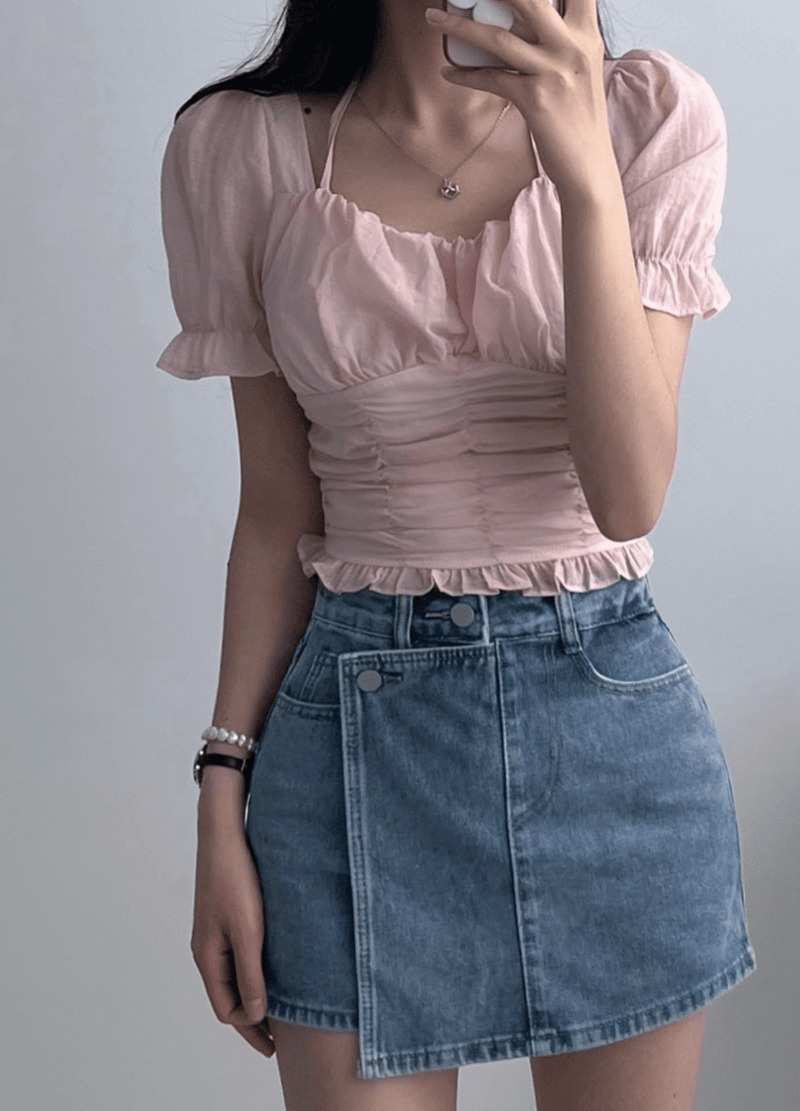 SHORTSLEEVED SHIRRING BLOUSE ( 3 COLORS )