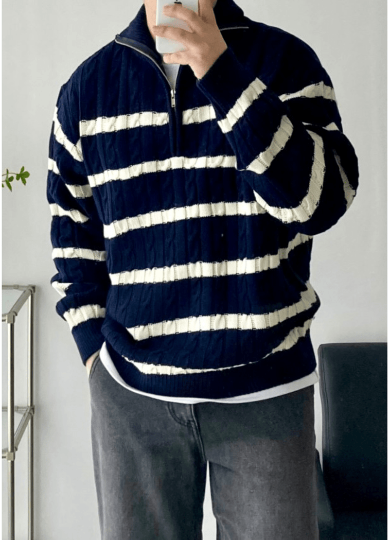 HALF ZIP-UP STRIPE KNIT ( 2 COLORS )