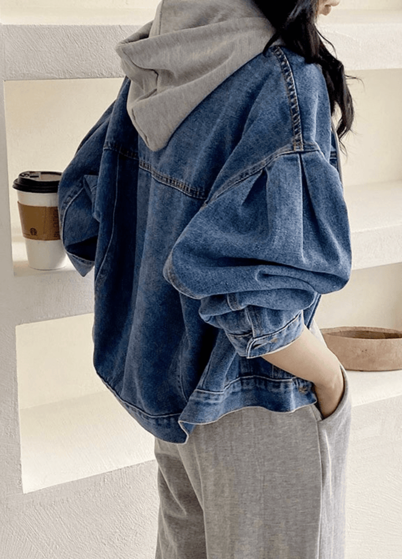 PUFF SLEEVE DENIM JACKET W/HOODIE