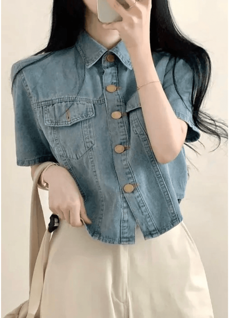 CROP SHORTSLEEVE DENIM SHIRTS ( 2 COLORS )