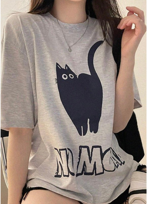 CAT PRINTING OVERSIZE TEE ( 2 COLORS )