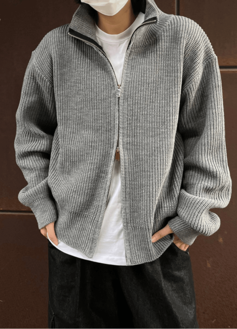 HIGH-NECK HEAVY KNIT ZIP-UP ( 2 COLORS )