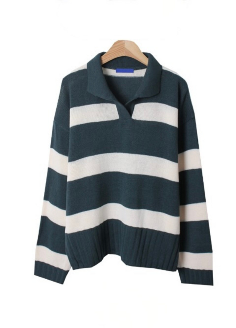 OPEN COLLAR STRIPED KNIT ( 3 COLORS )