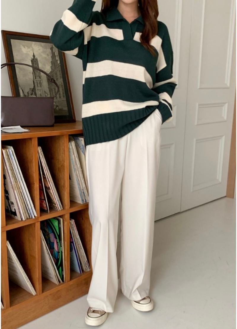 OPEN COLLAR STRIPED KNIT ( 3 COLORS )