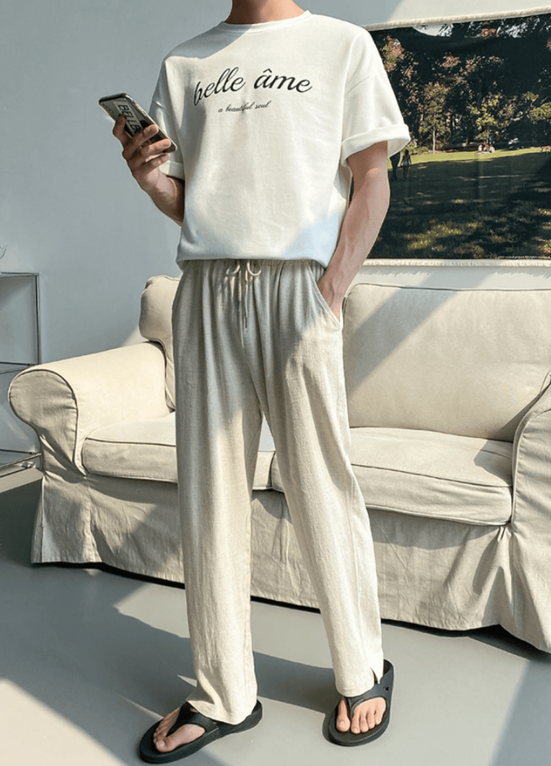 LINEN BANDING SEMI-WIDE PANTS ( 2 COLORS )