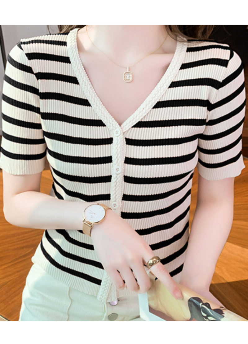 V-NECK STRIPPED CARDIGAN ( 2 COLORS )