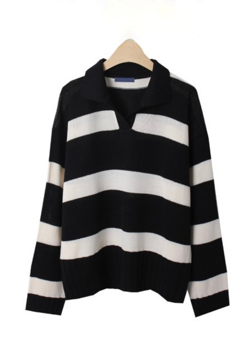 OPEN COLLAR STRIPED KNIT ( 3 COLORS )