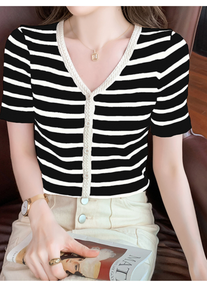 V-NECK STRIPPED CARDIGAN ( 2 COLORS )