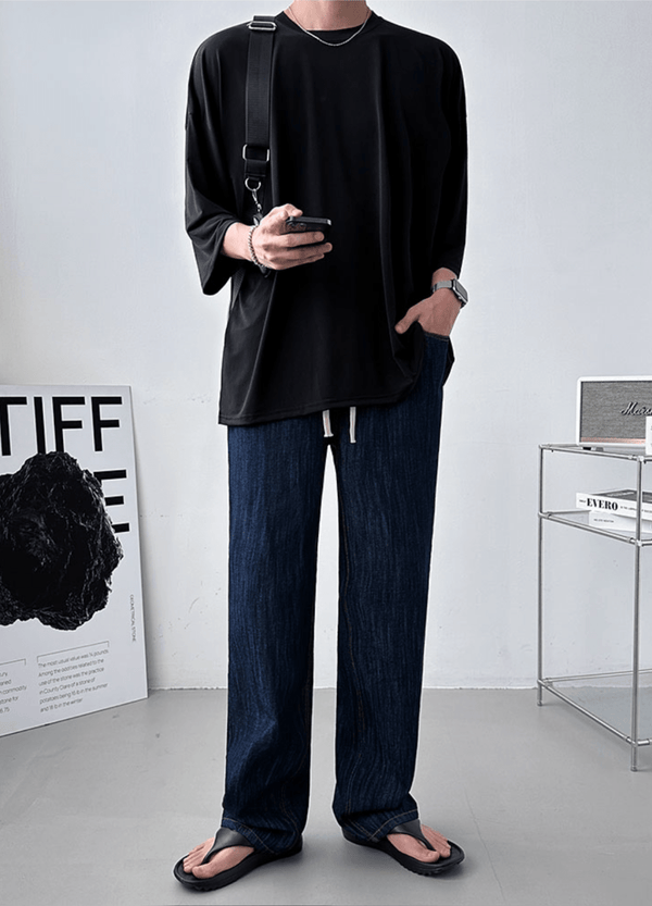 LINEN DENIM BANDING WIDE-FIT PANTS