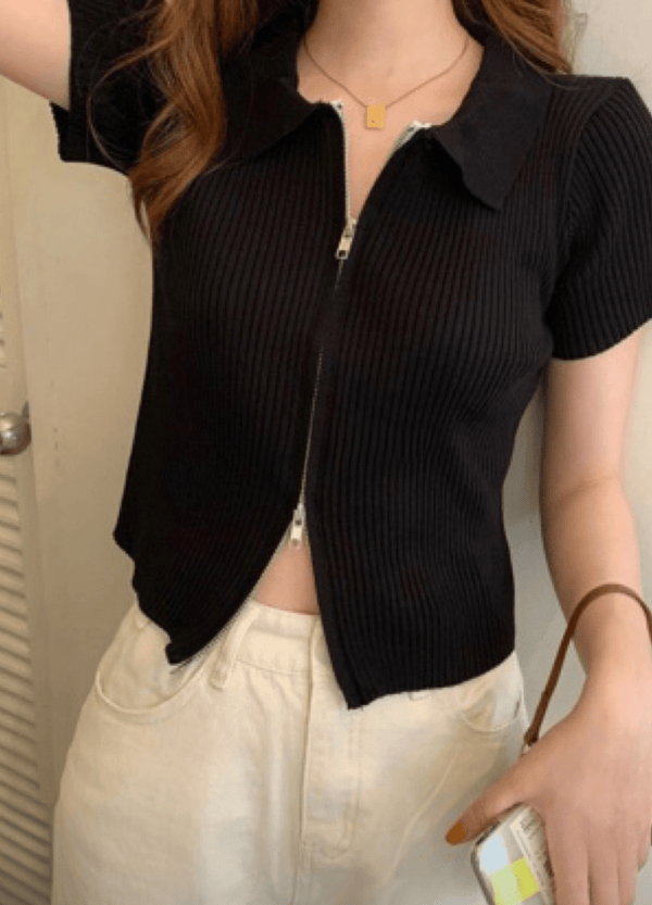 COLLAR SHORT KNIT ZIP-UP ( 2 COLORS)