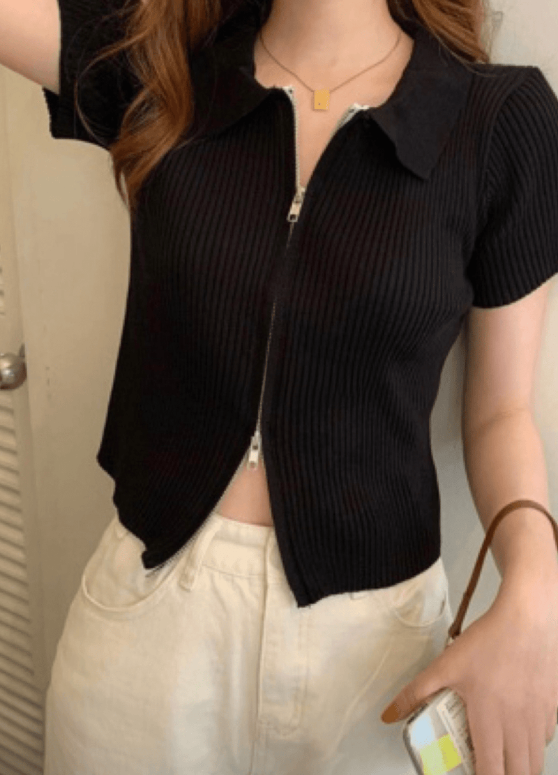 COLLAR SHORT KNIT ZIP-UP ( 2 COLORS)