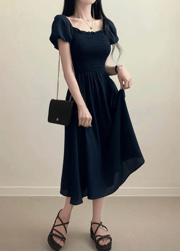 SQUARE-NECK PUFF DRESS ( 2 COLORS )