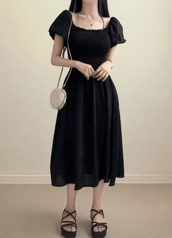 SQUARE-NECK PUFF DRESS ( 2 COLORS )