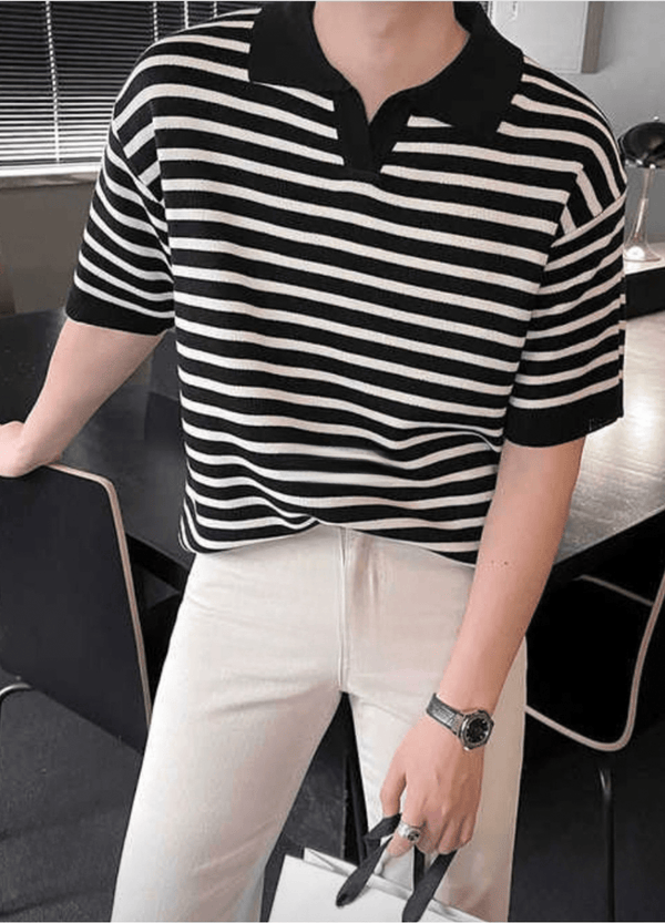 STRIPED OPEN COLLAR KNIT ( 3 COLORS )